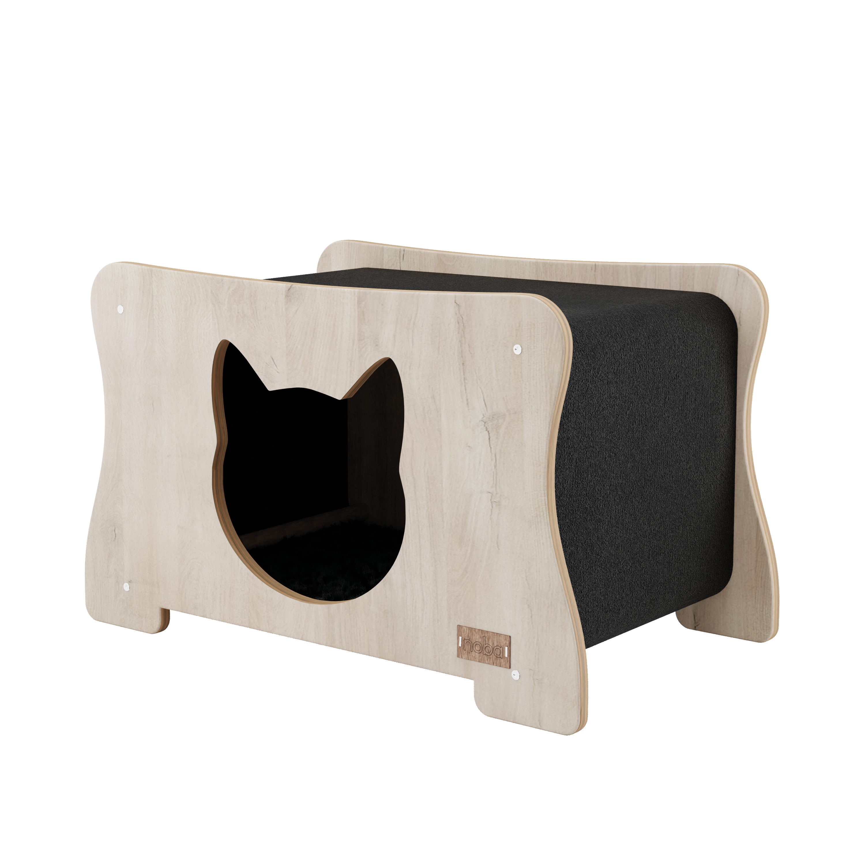 Cat-shaped wooden bed with black interior on a white background
