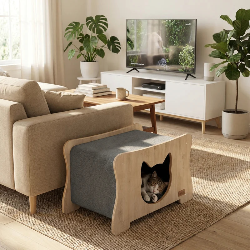 Cat hiding inside a wooden and gray cushioned pet bed in a living room.