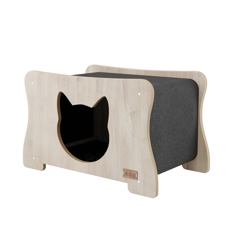 Cat-shaped wooden pet bed and gray cushion on a white background
