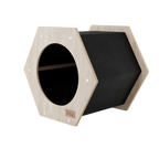 Hexagonal wooden pet bed with black interior on a white background