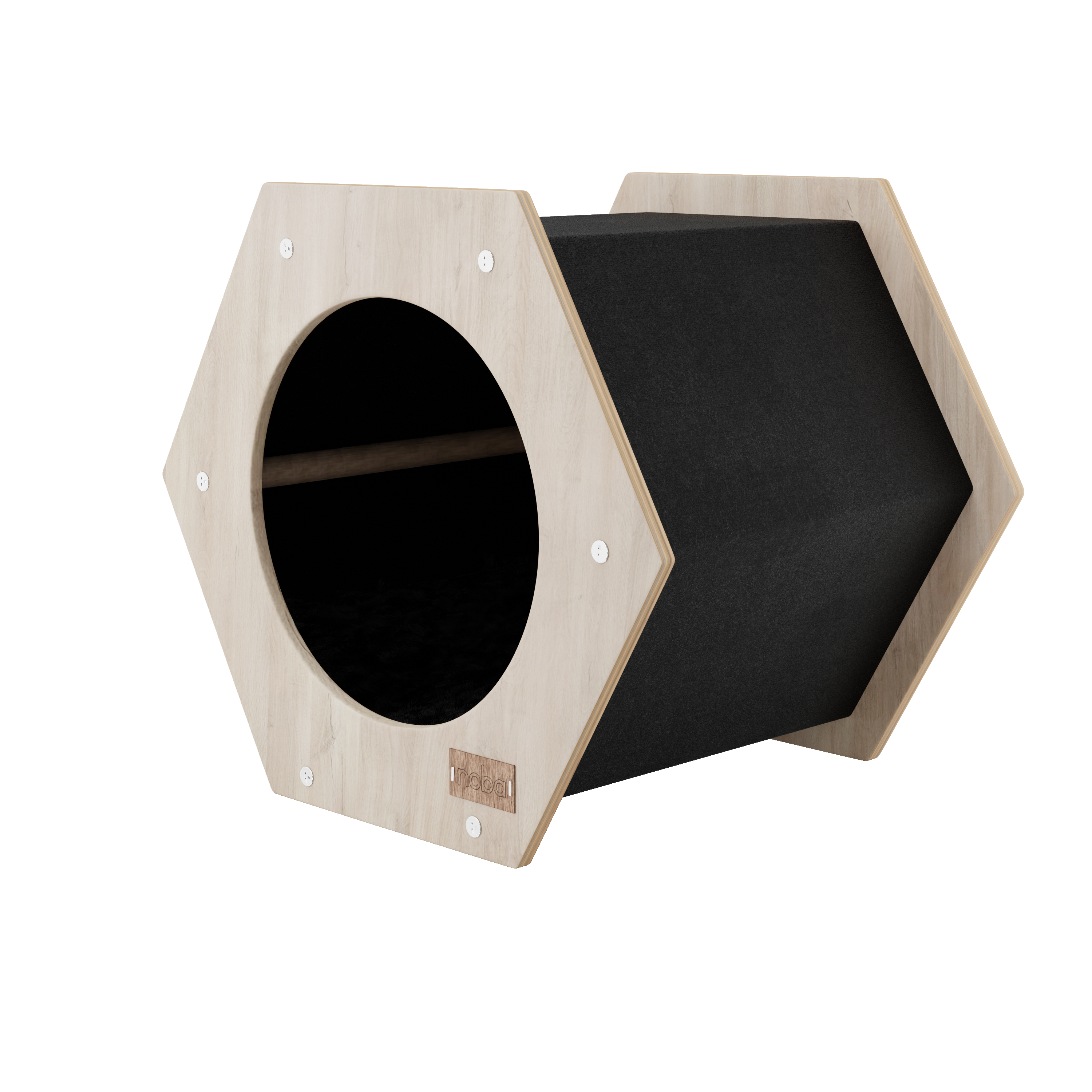 Hexagonal wooden pet bed with black interior on a white background