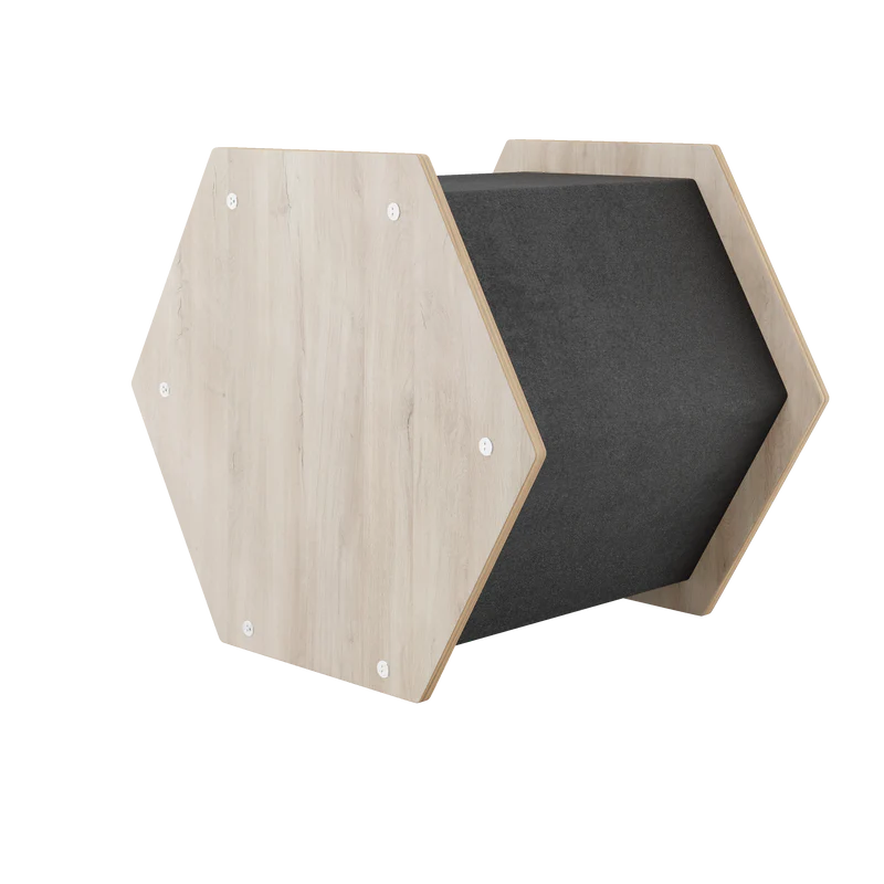 Hexagonal pet bed with wooden frame and black interior on a white background
