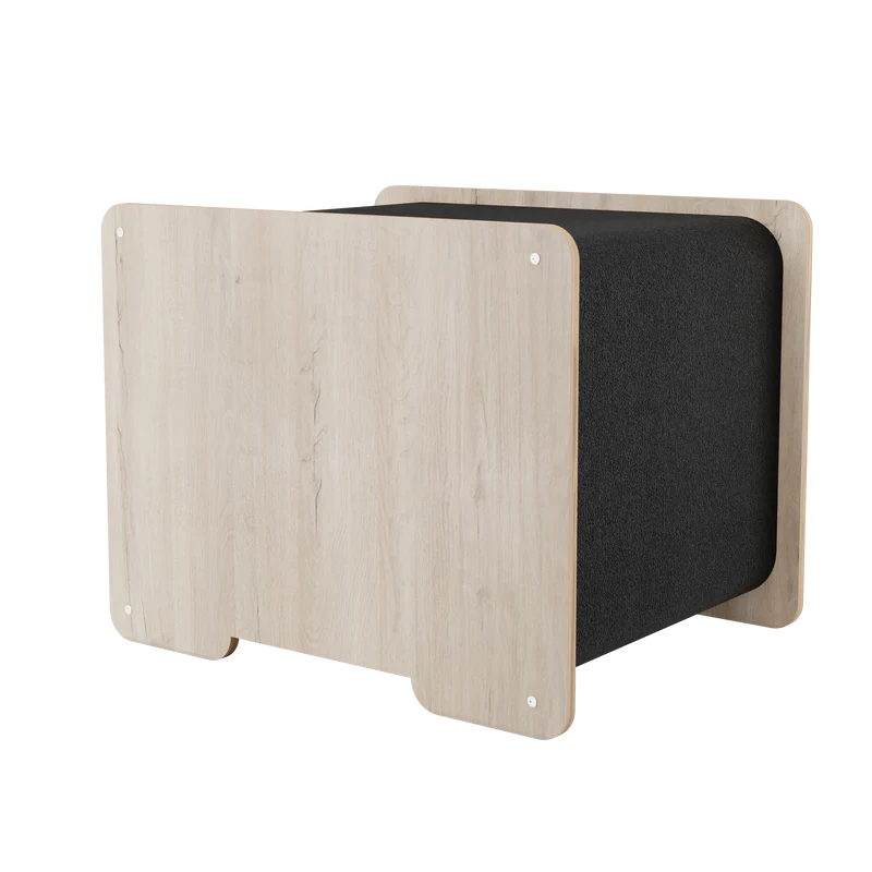 back of a pet bed wood finish and black interior on a white background