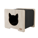 Wooden cat house with black interior on a white background