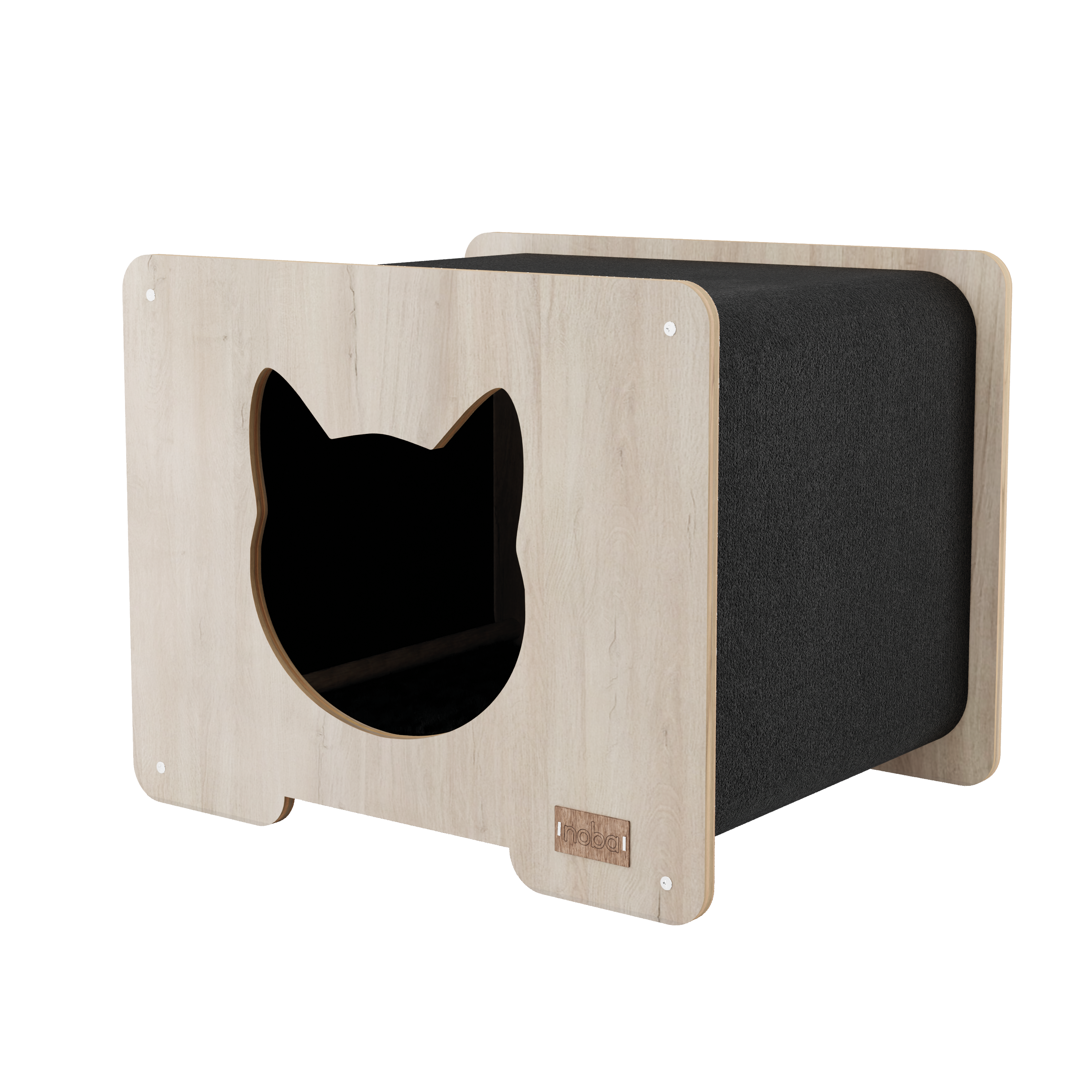 Wooden cat house with black interior on a white background
