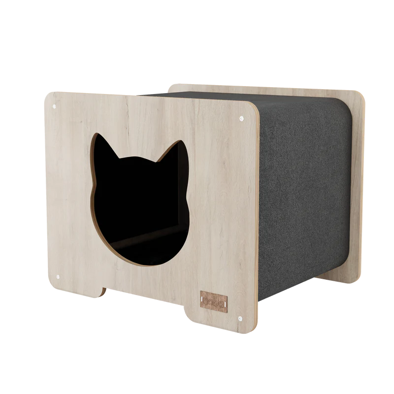 Pet bed with a cat face cutout on a white background