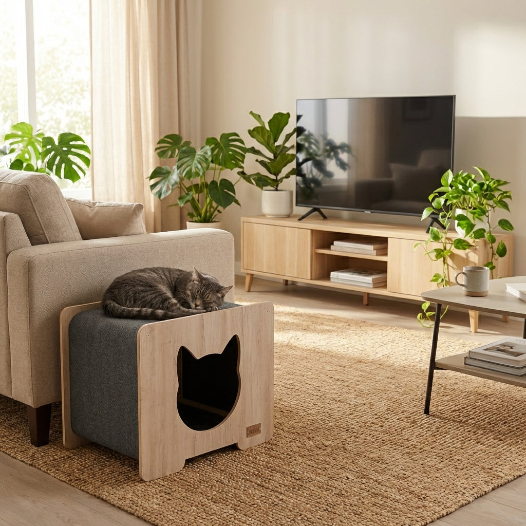Cat lying on a wooden and gray cat bed in a living room with plants and a TV.