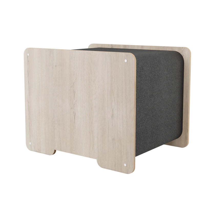 back of a pet bed wood finish and grey exterior on a white background