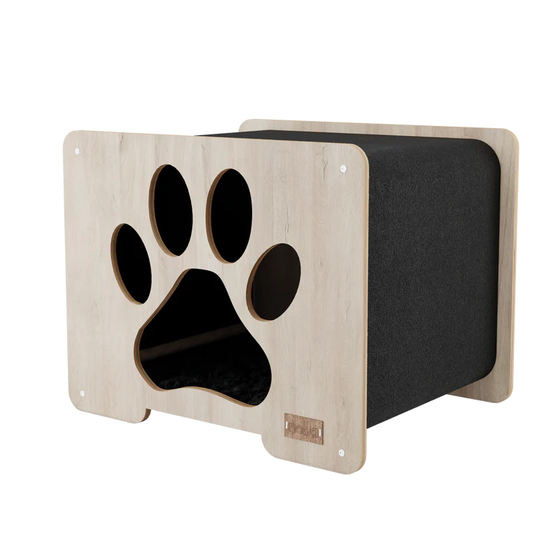 Wooden pet bed with paw design on a white background