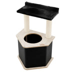 Cat tree with black top platform and beige base on a white background