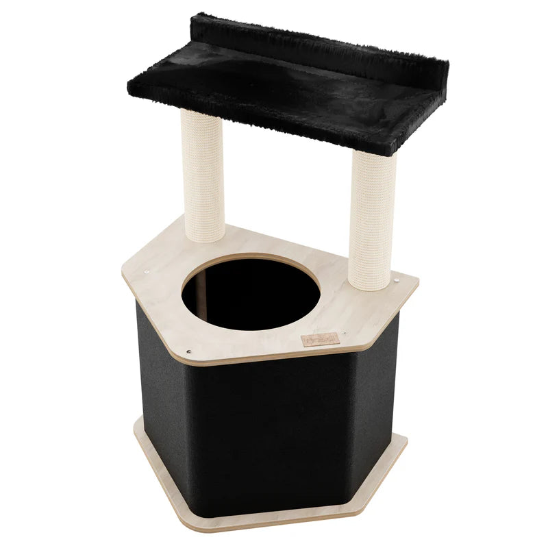 Cat tree with black top platform and beige base on a white background