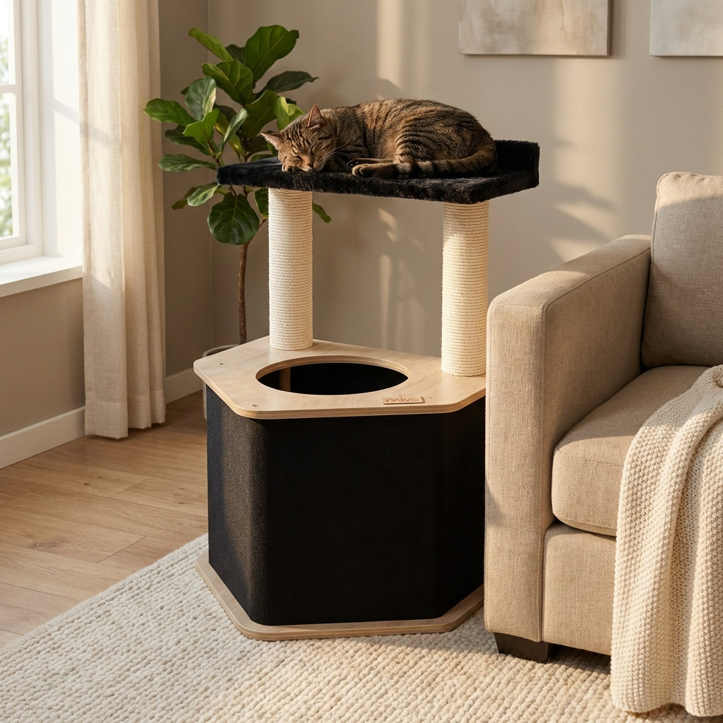 Cat resting on a multi-level cat tree in a living room.