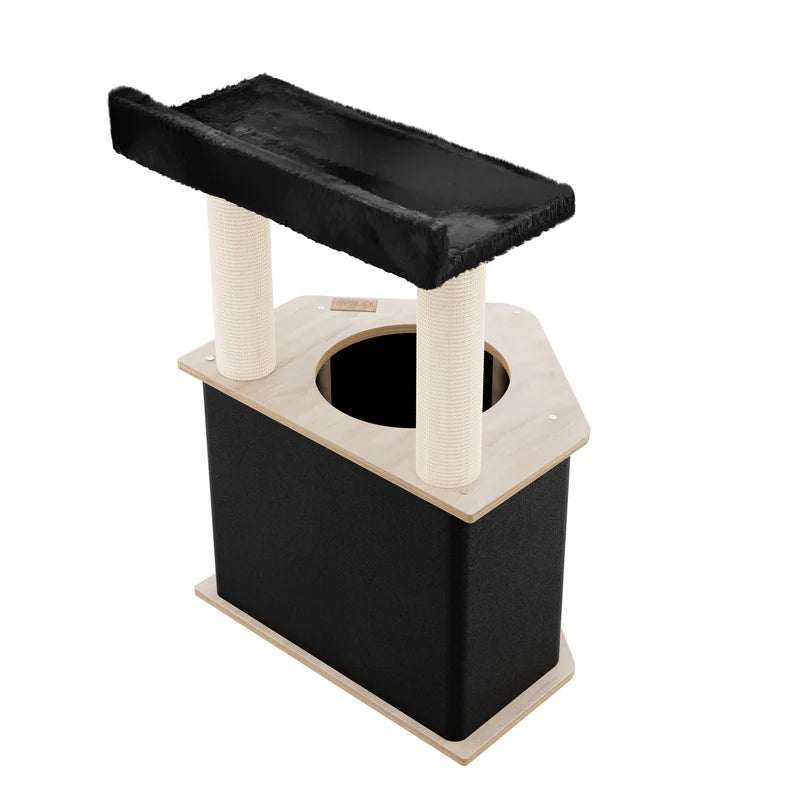Cat tree with black platform and beige base on a white background