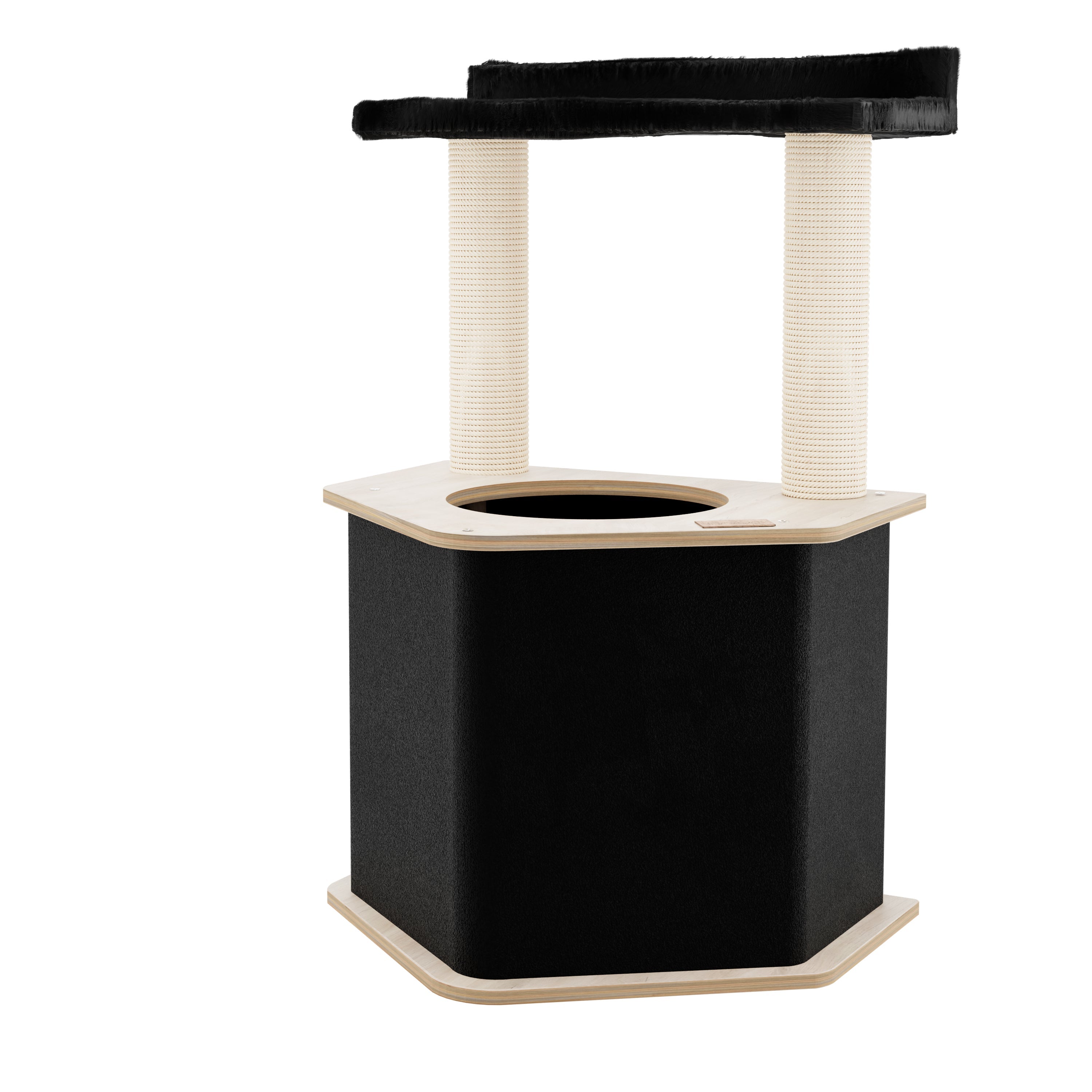 Black and beige cat tree with a platform and scratching post on a white background