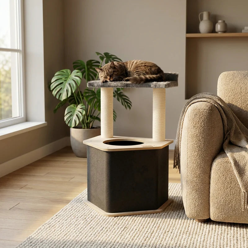 Cat resting on a cat tree in a cozy living room with a plant and sofa.