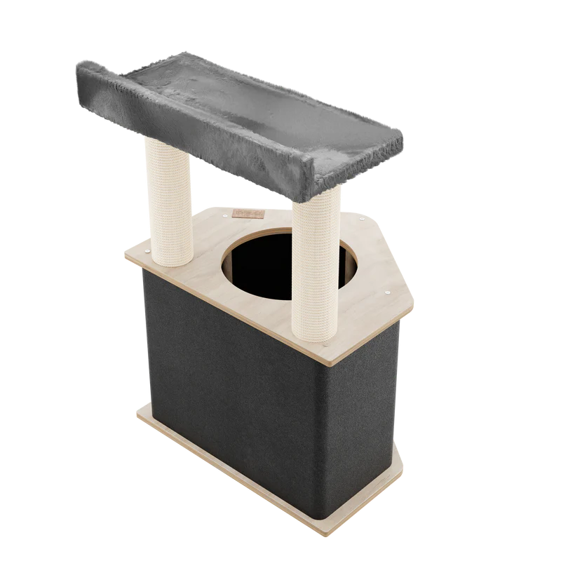 Cat tree with a platform and scratching posts on a white background