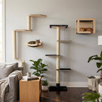 Cat tree with multiple levels and a cat resting on one of the platforms in a living room setting.