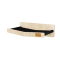 Wooden cat shelf with black cushion on a white background