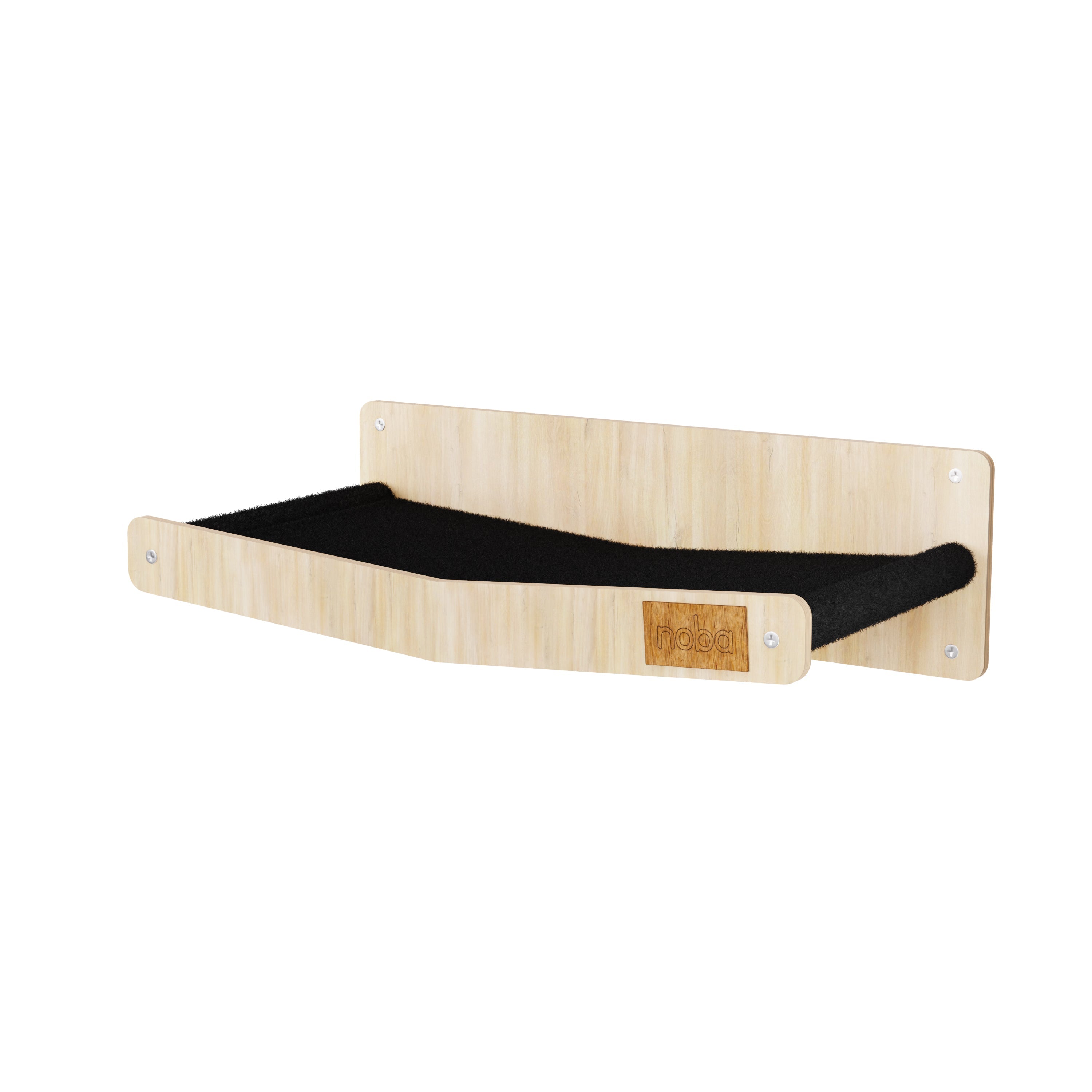 Wooden cat shelf with black cushion on a white background