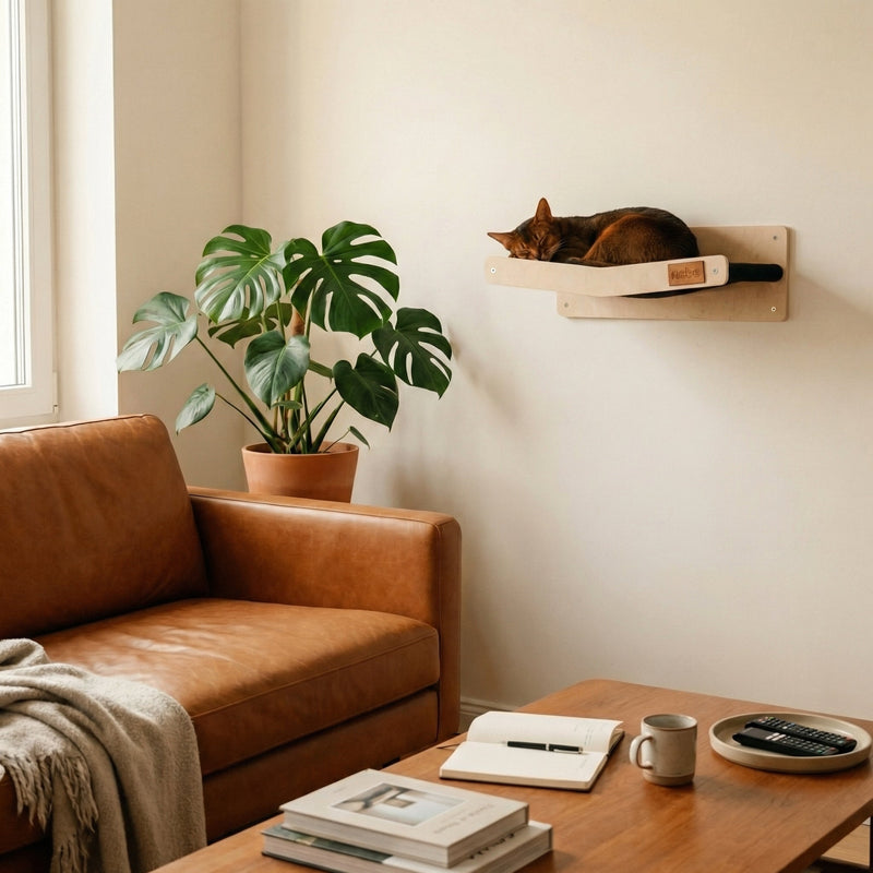 Living room with a brown leather sofa, wooden coffee table, cat on a wall-mounted shelf, and a plant.