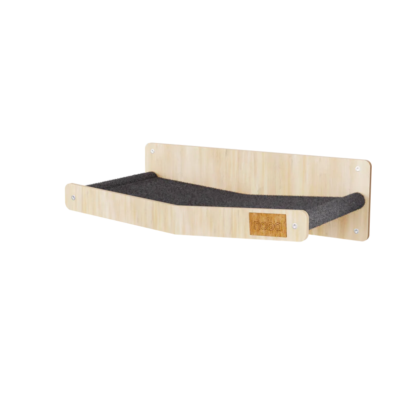 Wooden pet shelf with a grey cushion on a white background