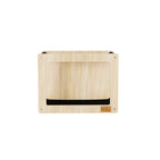 Wooden pet house with black flap on a white background