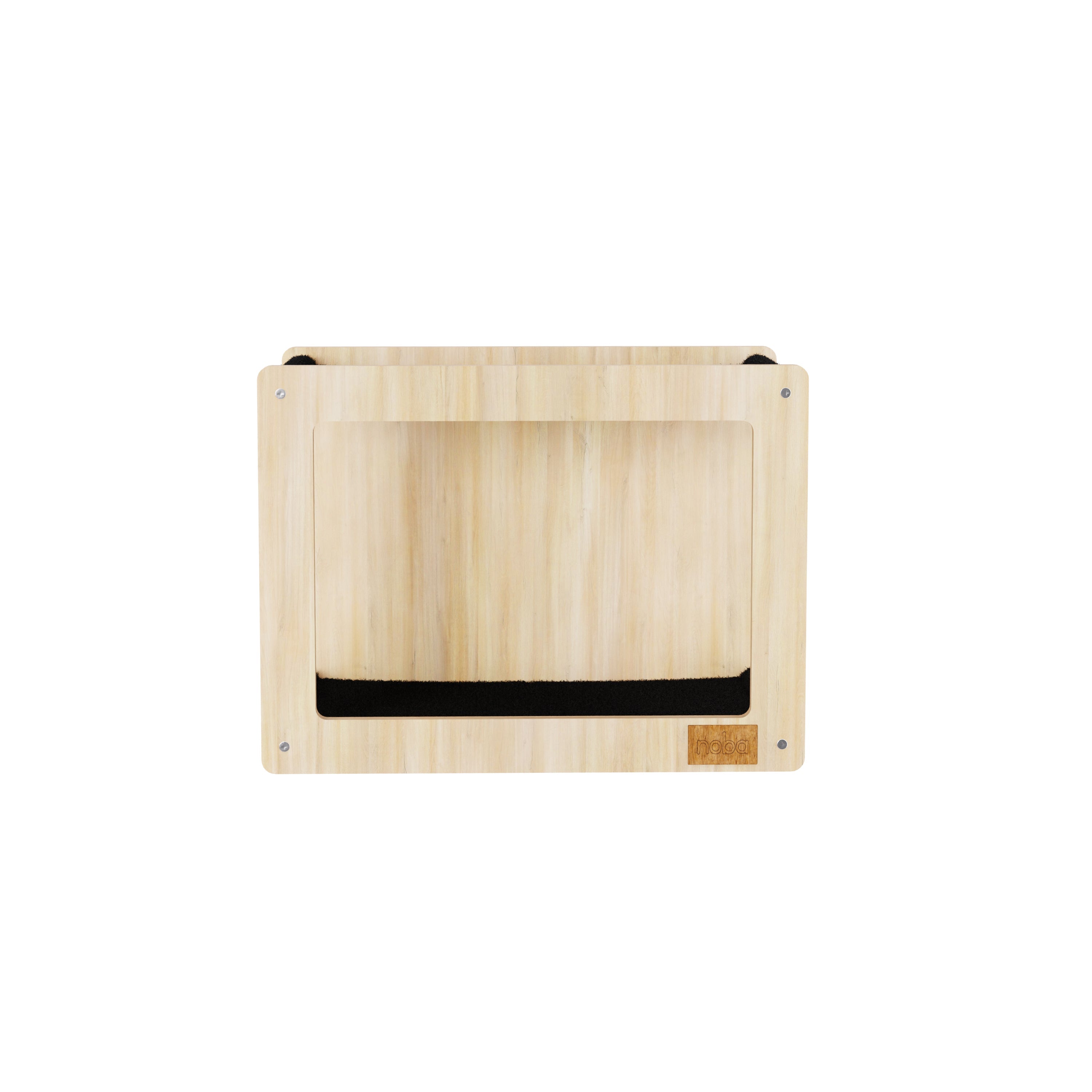 Wooden pet house with black flap on a white background