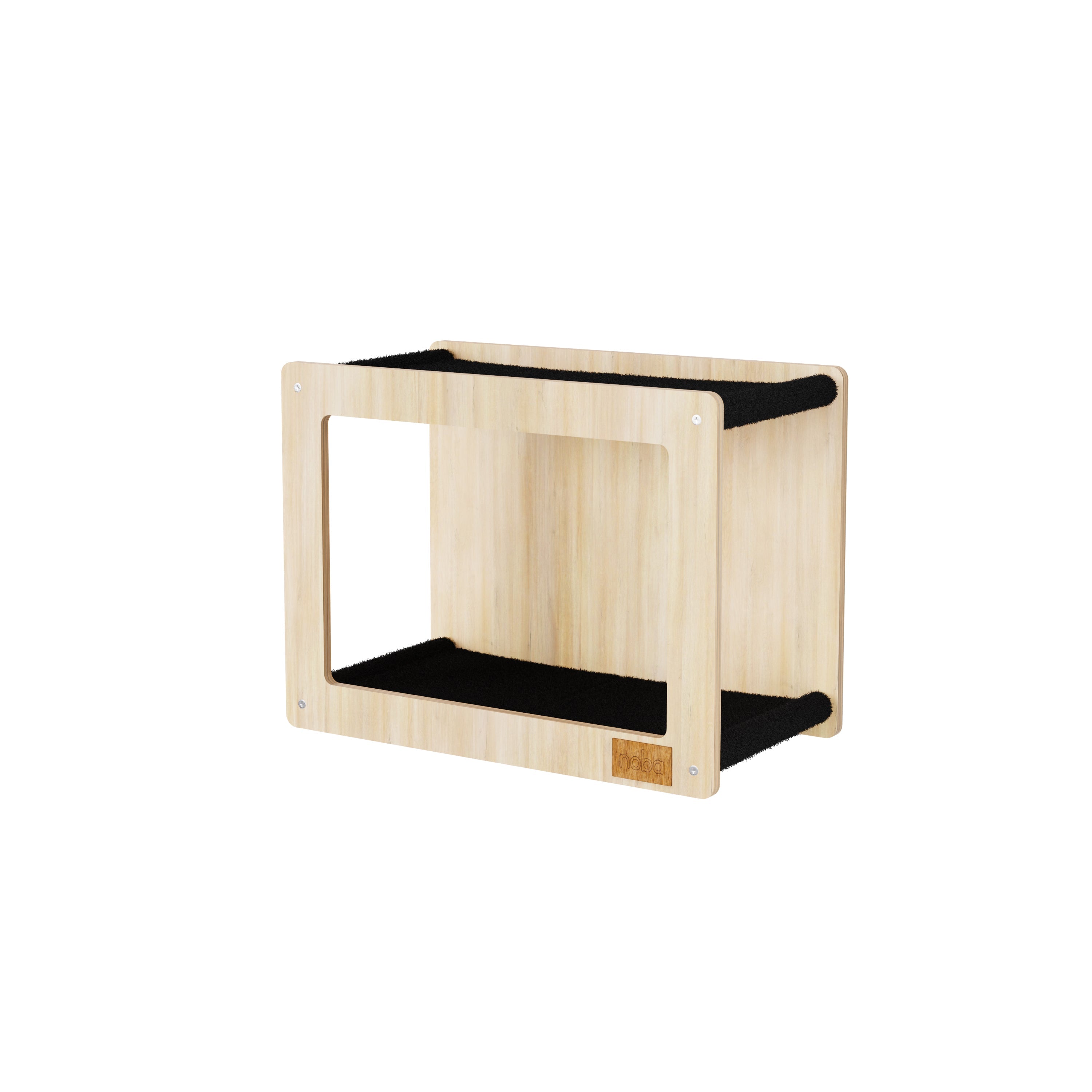 Wooden pet bed with black interior on a white background