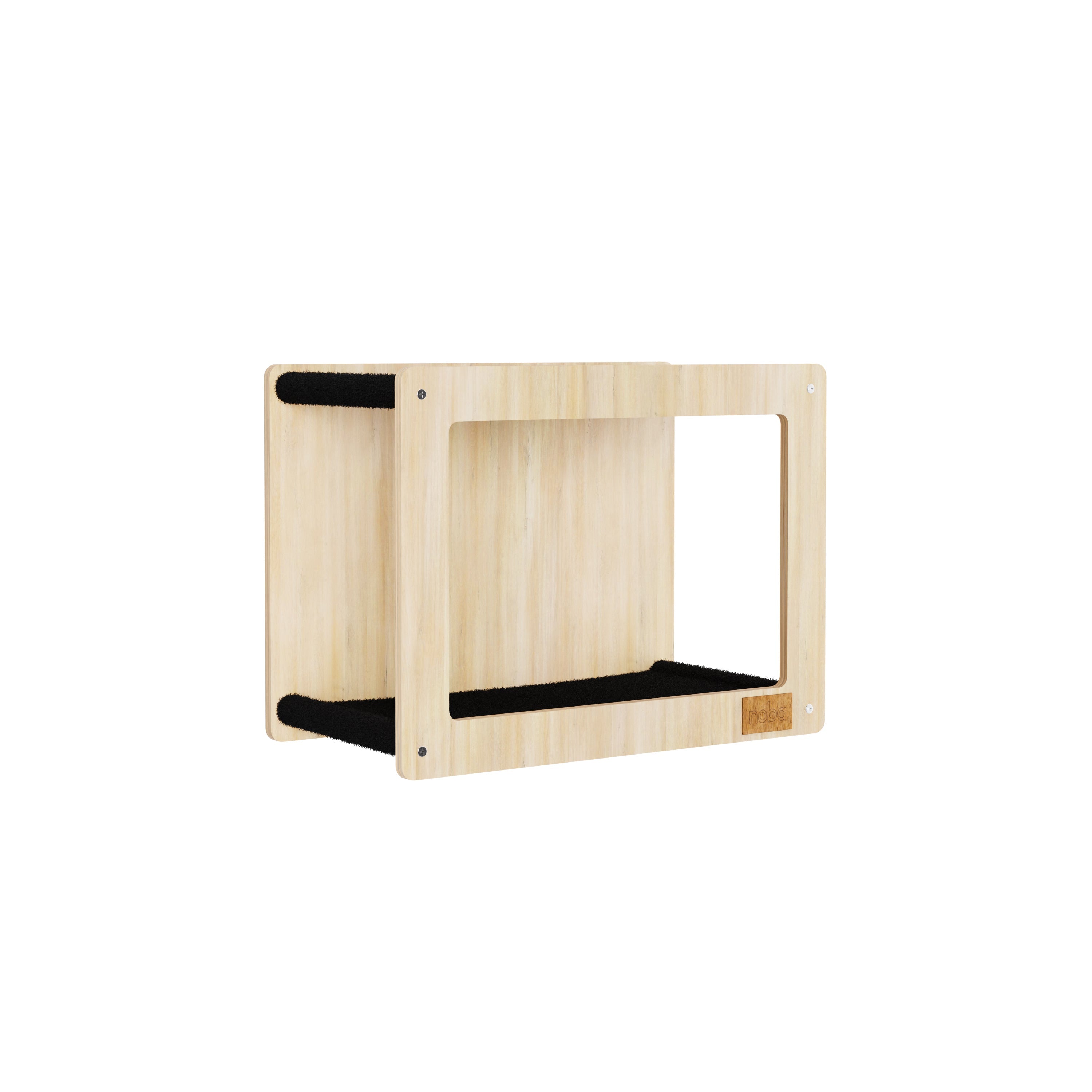 Wooden pet shelf with black platforms on a white background