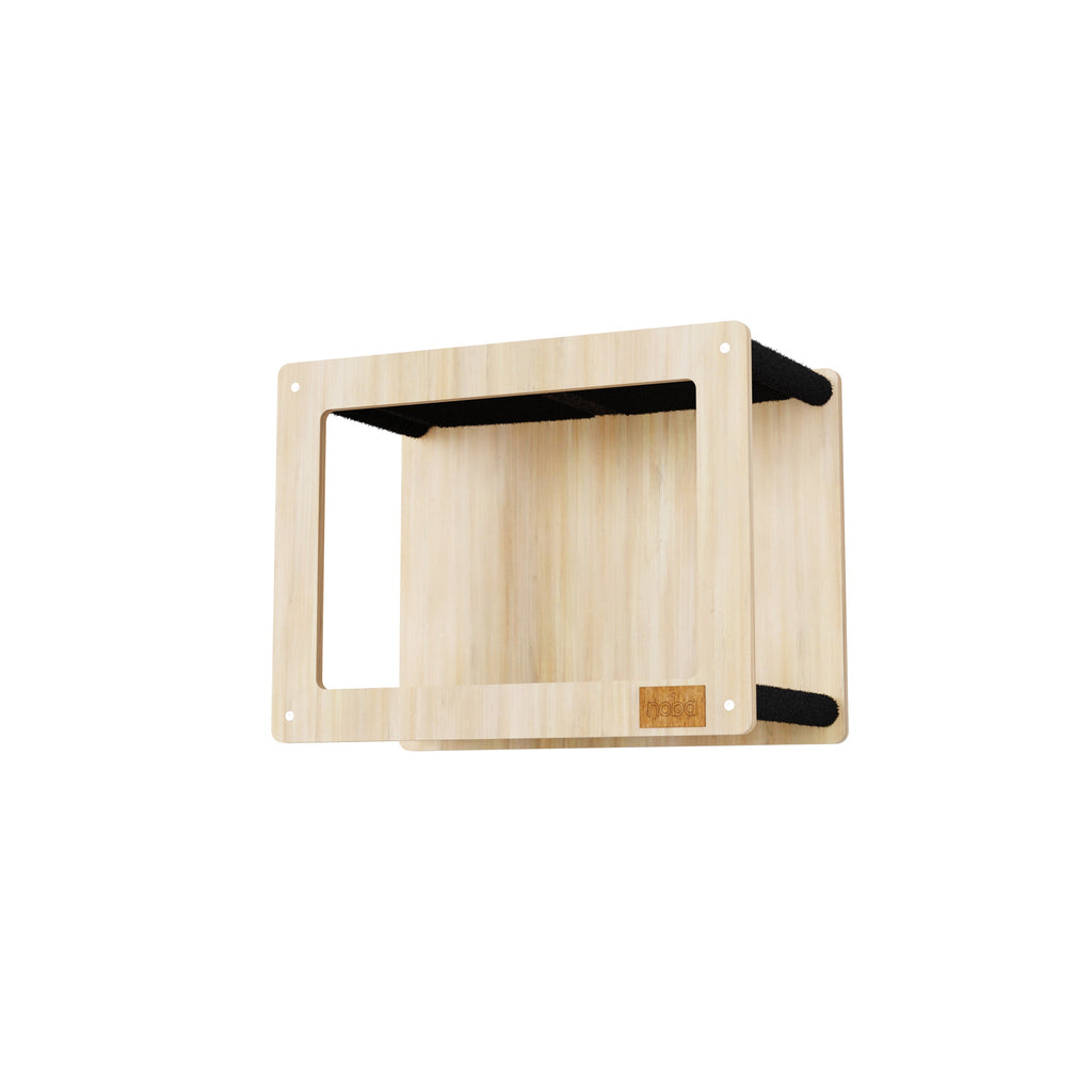 Wooden wall shelf with black accents on a white background
