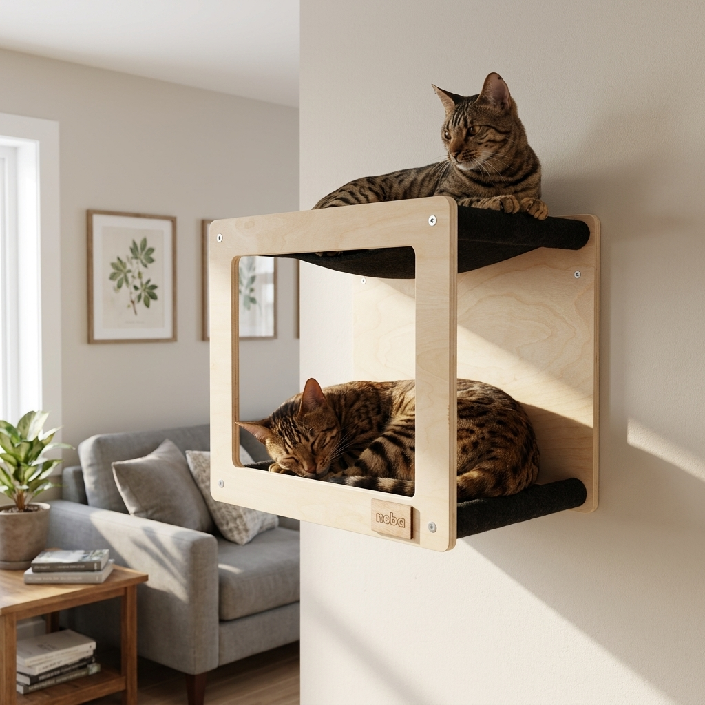 Two cats on a wooden wall-mounted cat shelf in a living room.