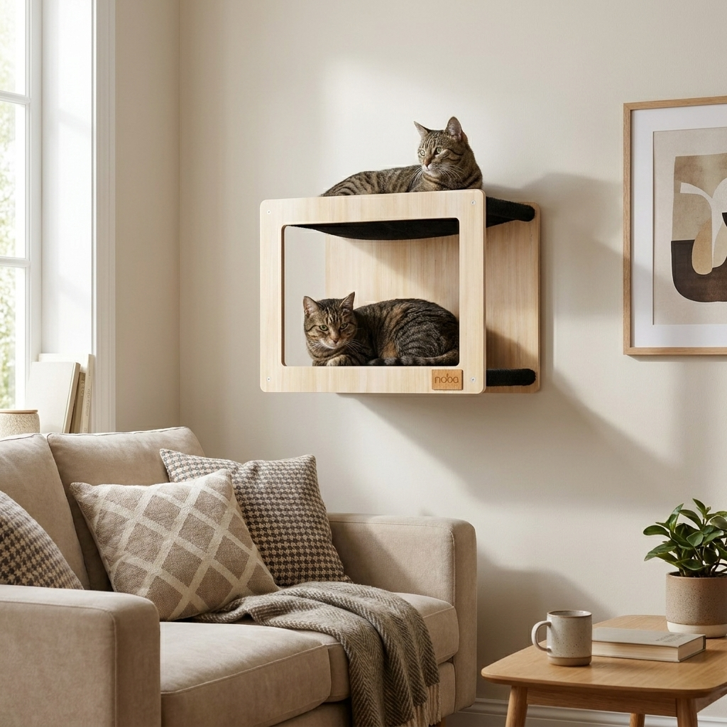 Two cats on a wall-mounted cat shelf in a cozy living room.