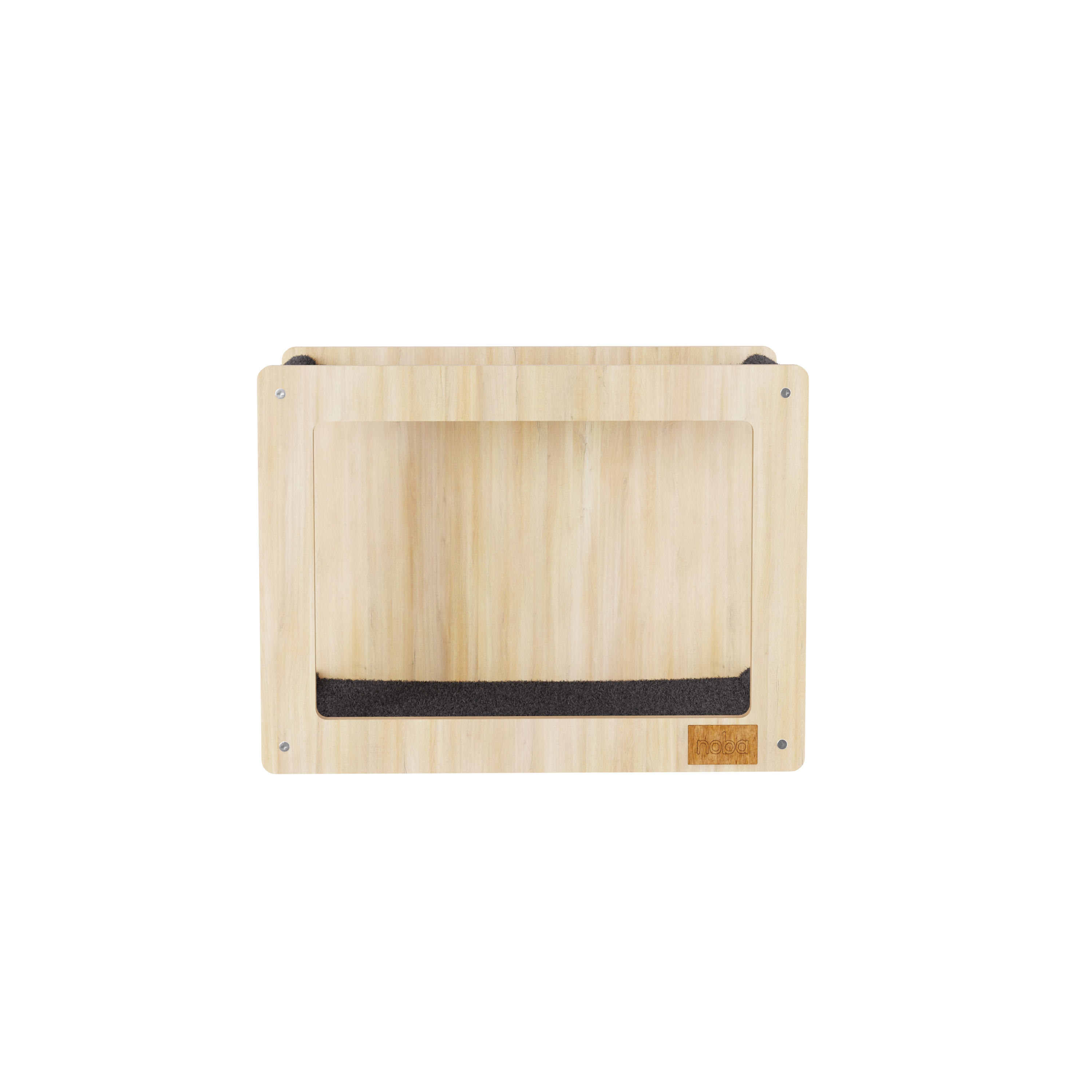 Wooden pet house with a black mat on a white background