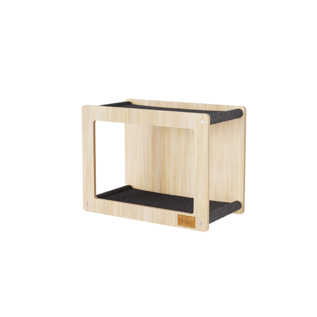 Wooden pet shelf with black cushion on a white background