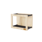 Wooden pet shelf with black cushion on a white background