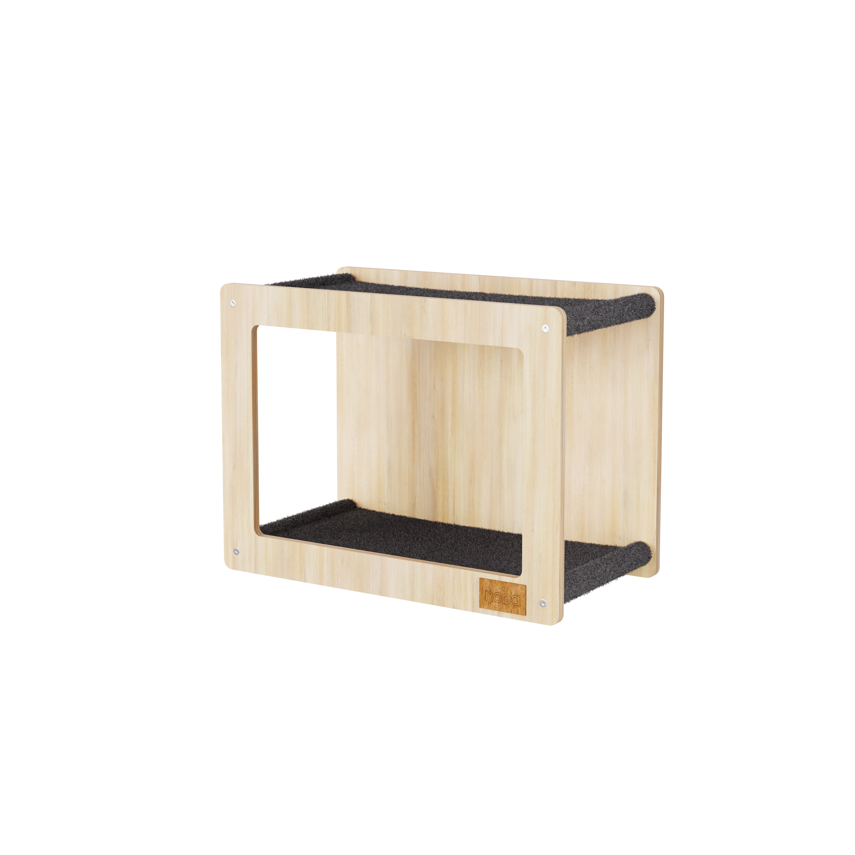 Wooden pet shelf with black cushion on a white background