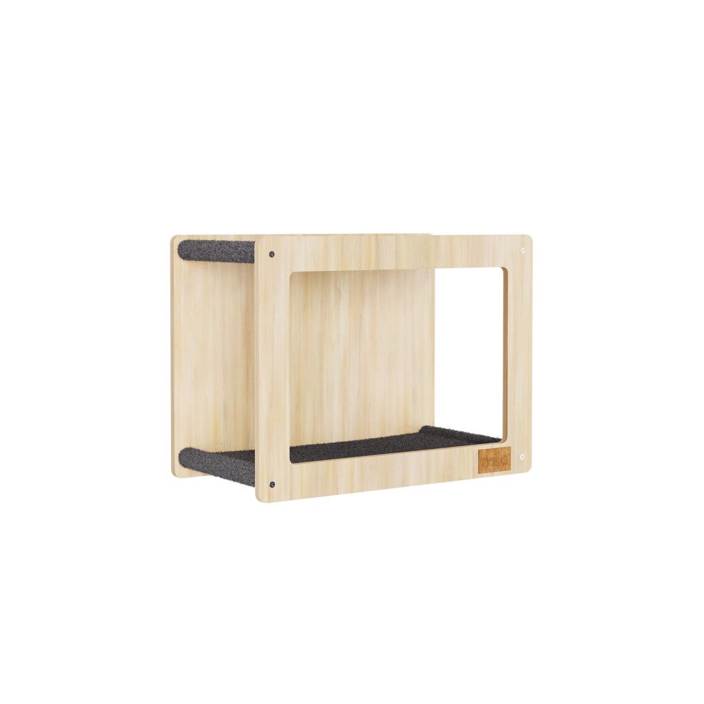 Wooden pet shelf with a platform on a white background