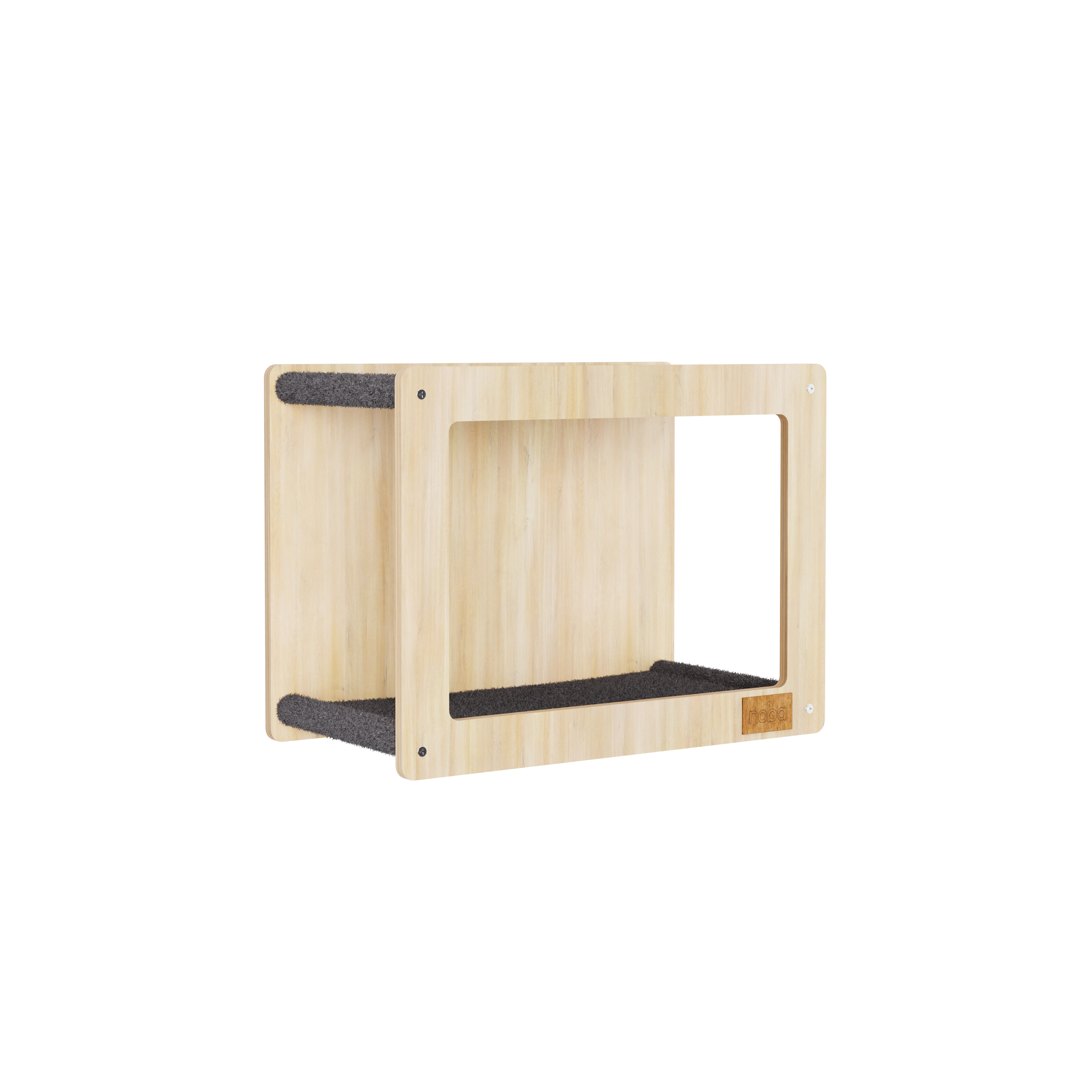 Wooden pet shelf with a platform on a white background