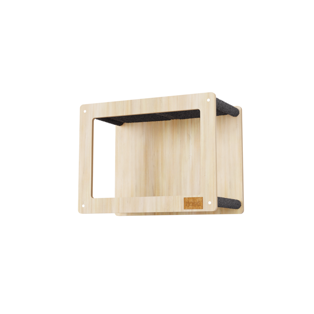 Wooden cat wall shelf with black accents on a white background