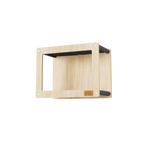 Wooden cat wall shelf with black accents on a white background