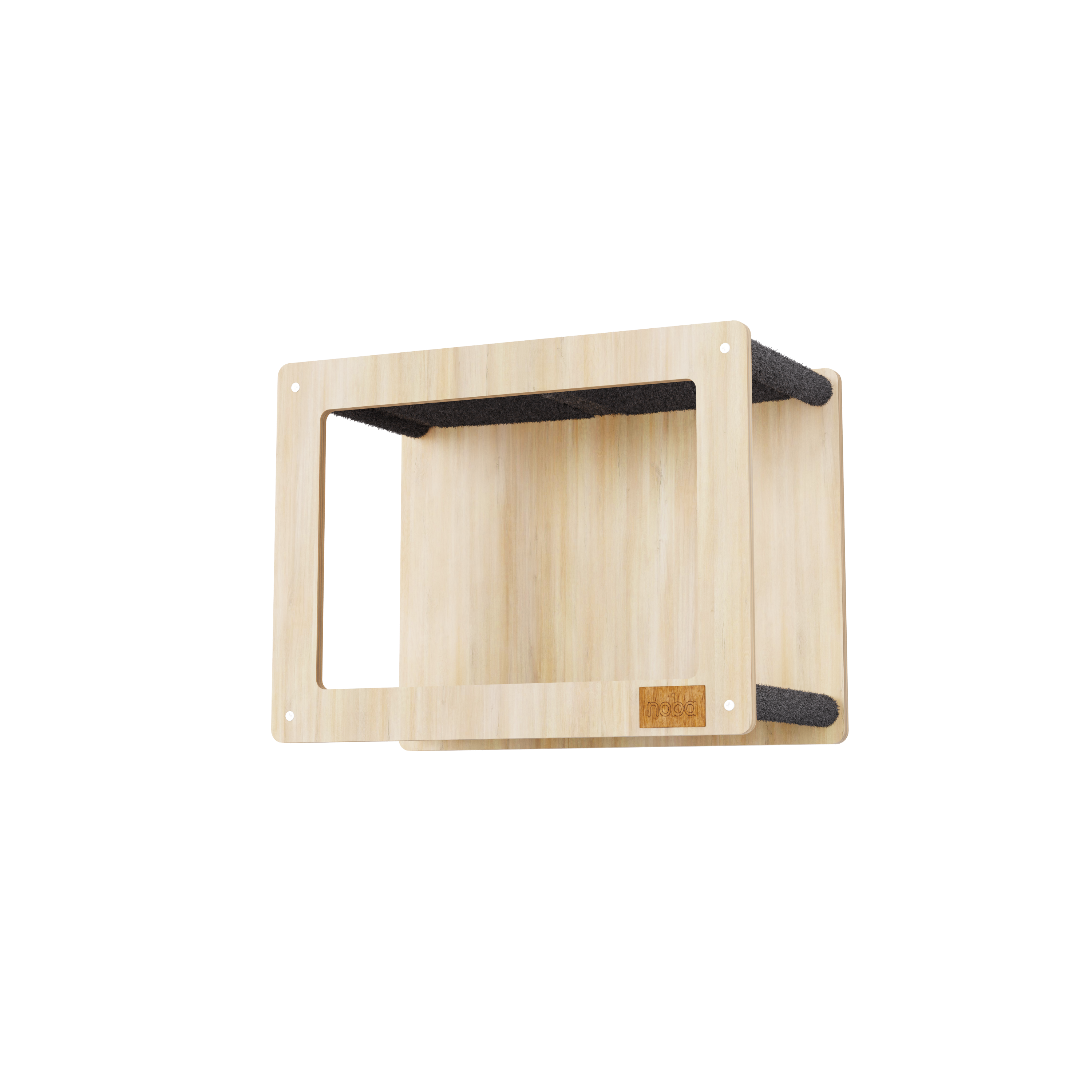Wooden cat wall shelf with black accents on a white background