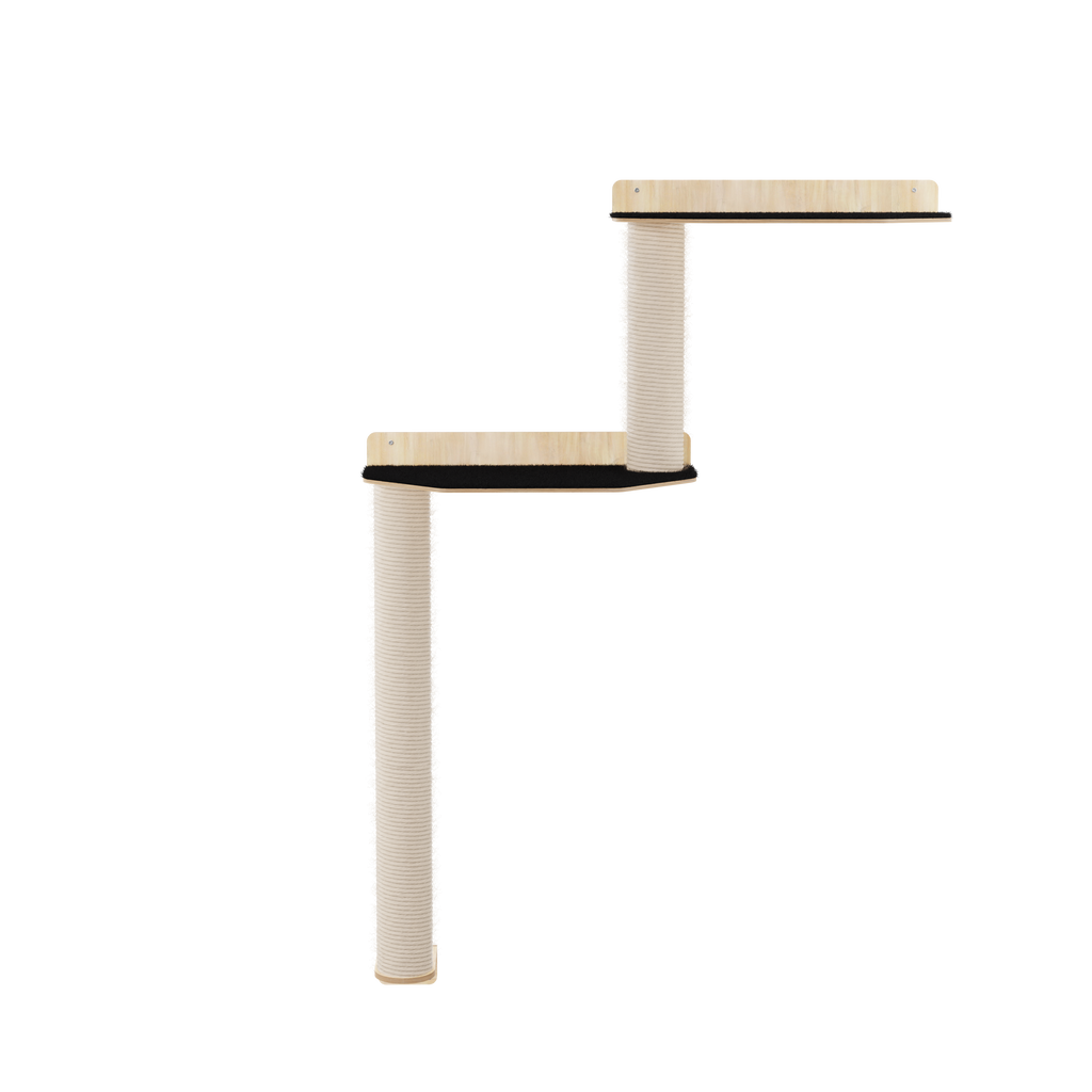 Cat tree with wooden platform and sisal-covered post on a white background