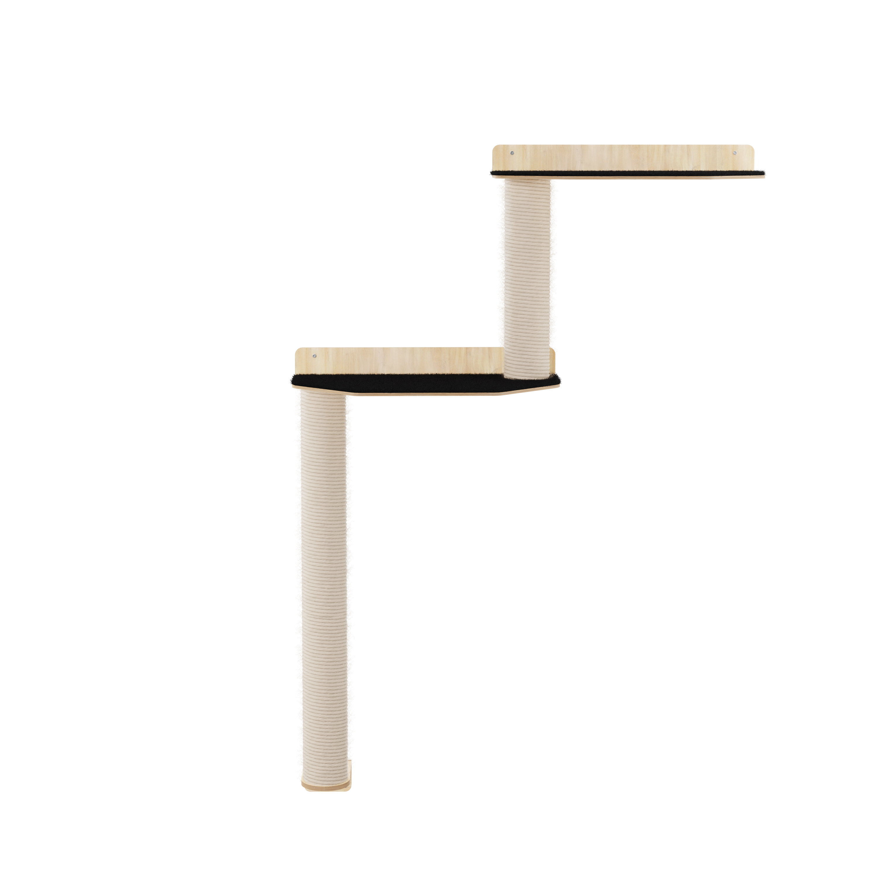Cat tree with wooden platform and sisal-covered post on a white background