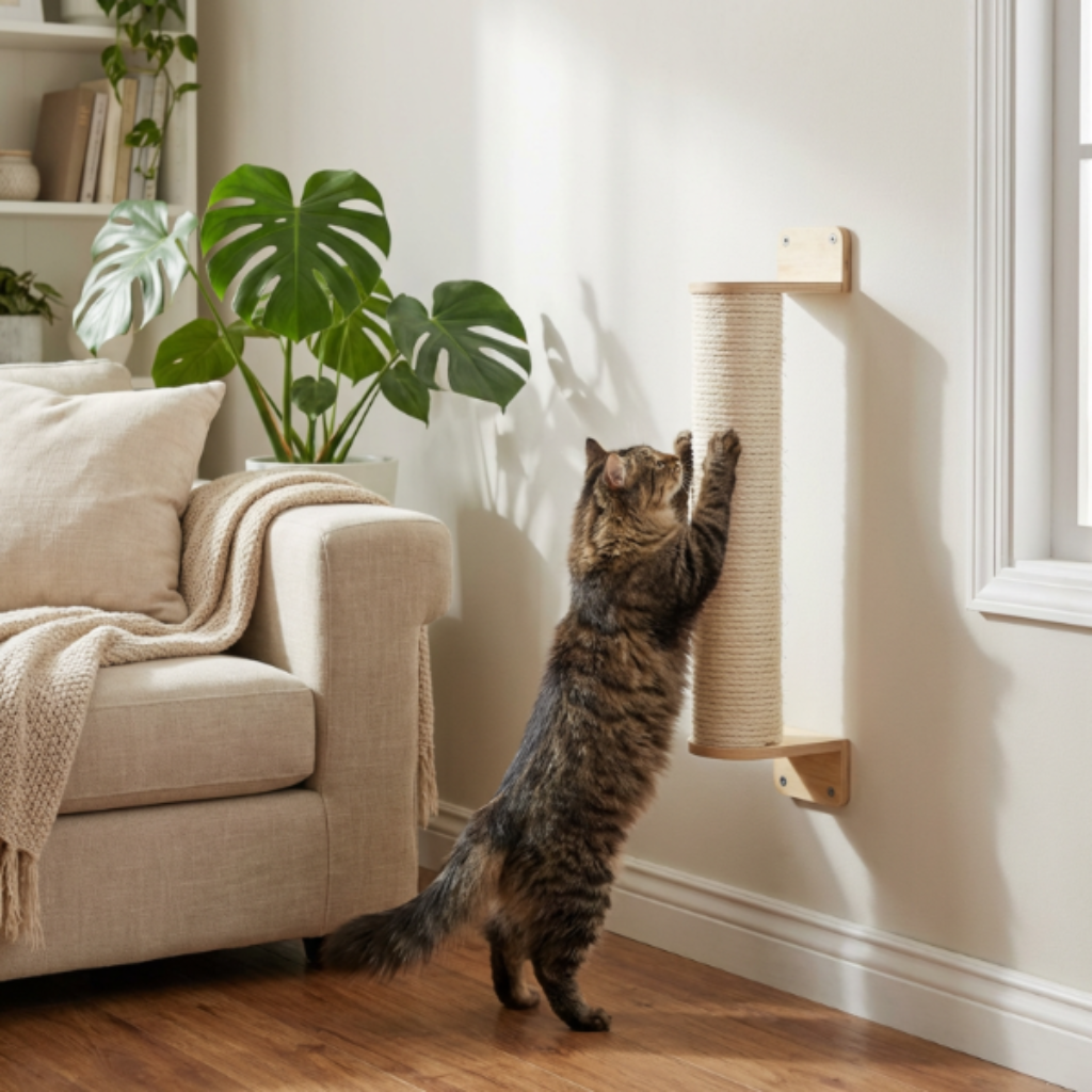 Cat climbing a wall-mounted scratching post in a cozy living room.