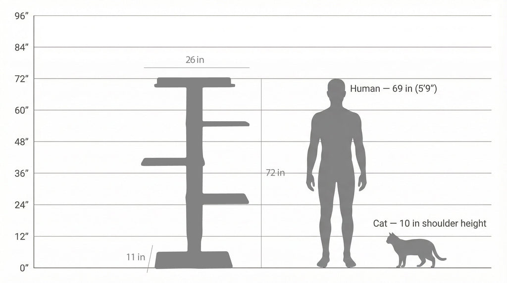 Measurement chart comparing a cat tree, human, and cat in terms of height.