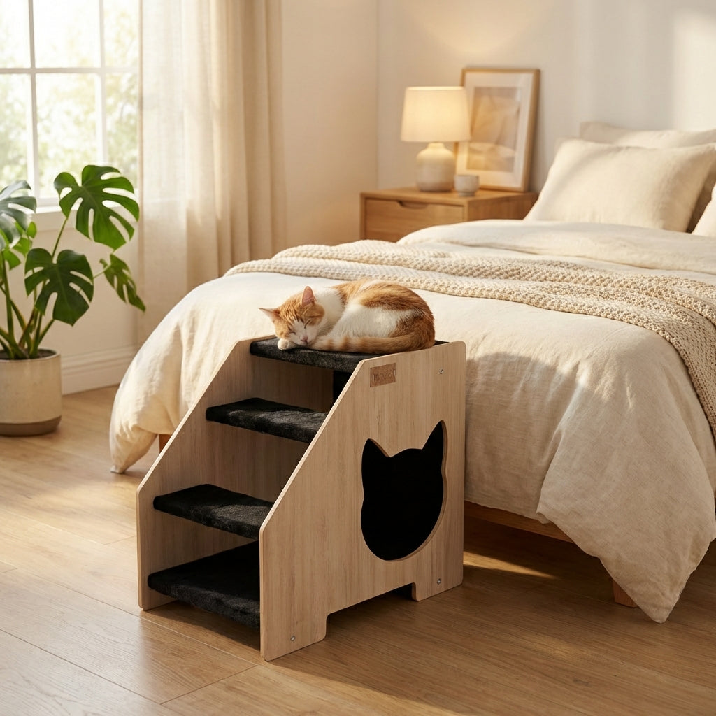 Wooden cat staircase with a cat sitting on top in a bedroom.