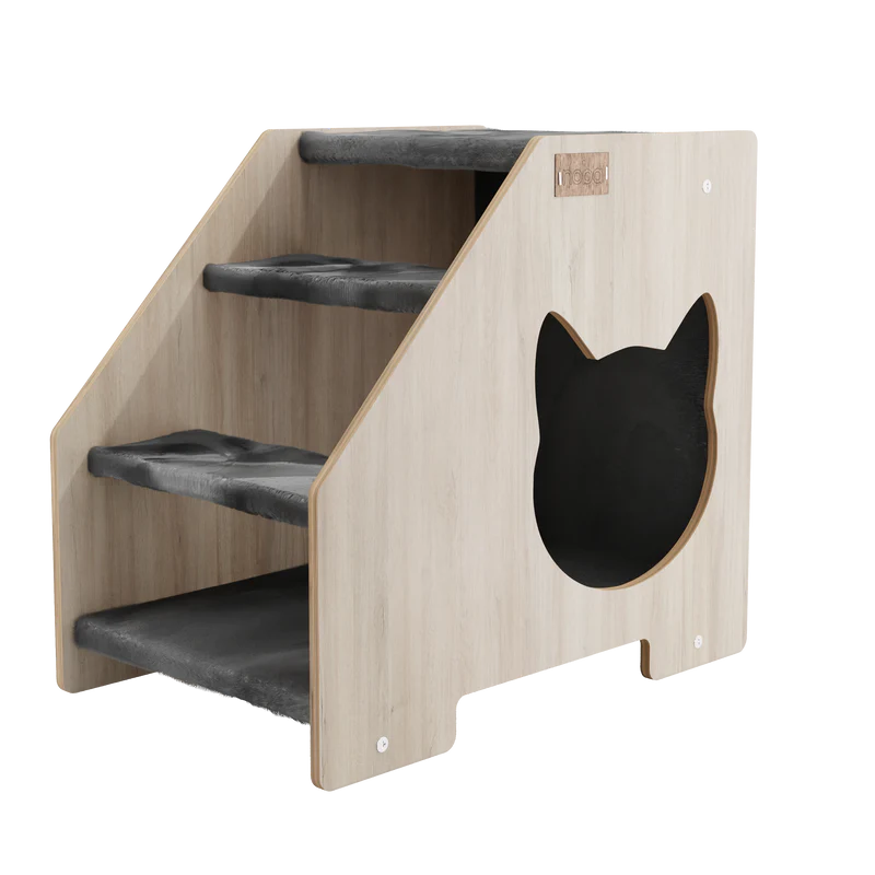 Wooden pet staircase with a black cat face cutout on a white background