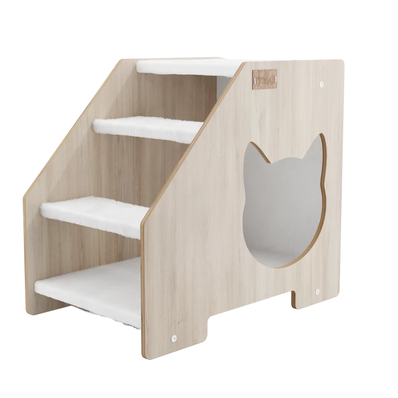 Wooden pet stairs with a cat-shaped entrance on a white background