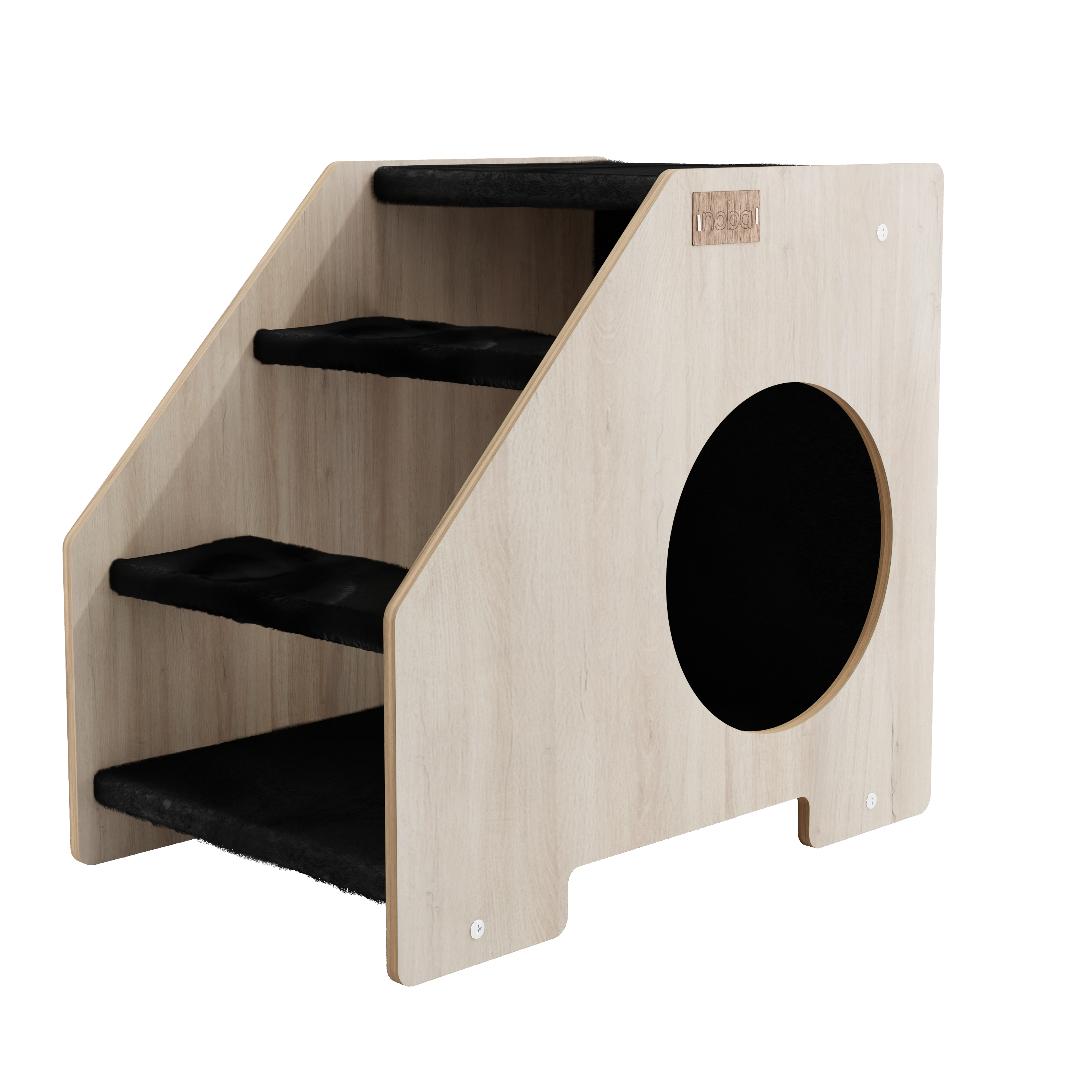 Wooden pet staircase with a round den on a white background