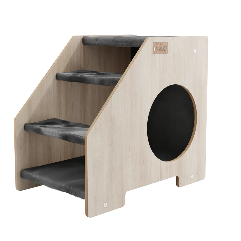 Wooden pet staircase with a round den on a white background